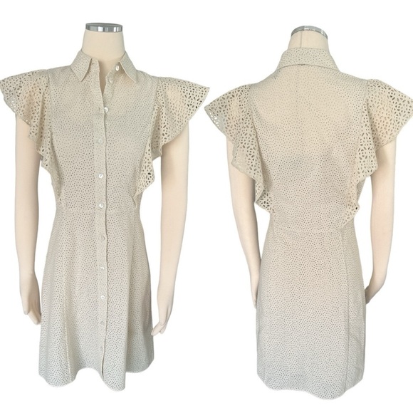 THEORY Nova Eyelet Ruffle Sleeve Button Down Mini Dress Shirtdress Size 4 NEW - Picture 7 of 10